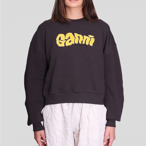Ganni Isoli Black Yellow Logo Pullover Sweatshirt - Picture 1 of 6